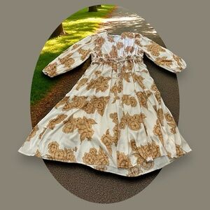 Polagram Floral Midi Dress.Cream/Light Brown. Size: 2XL